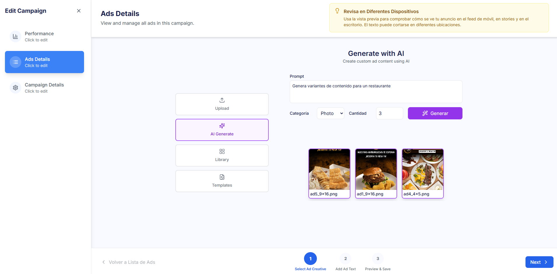 Diagrama de flujo de tres pasos para la creación de anuncios, destacando el uso de la IA en el primer paso.