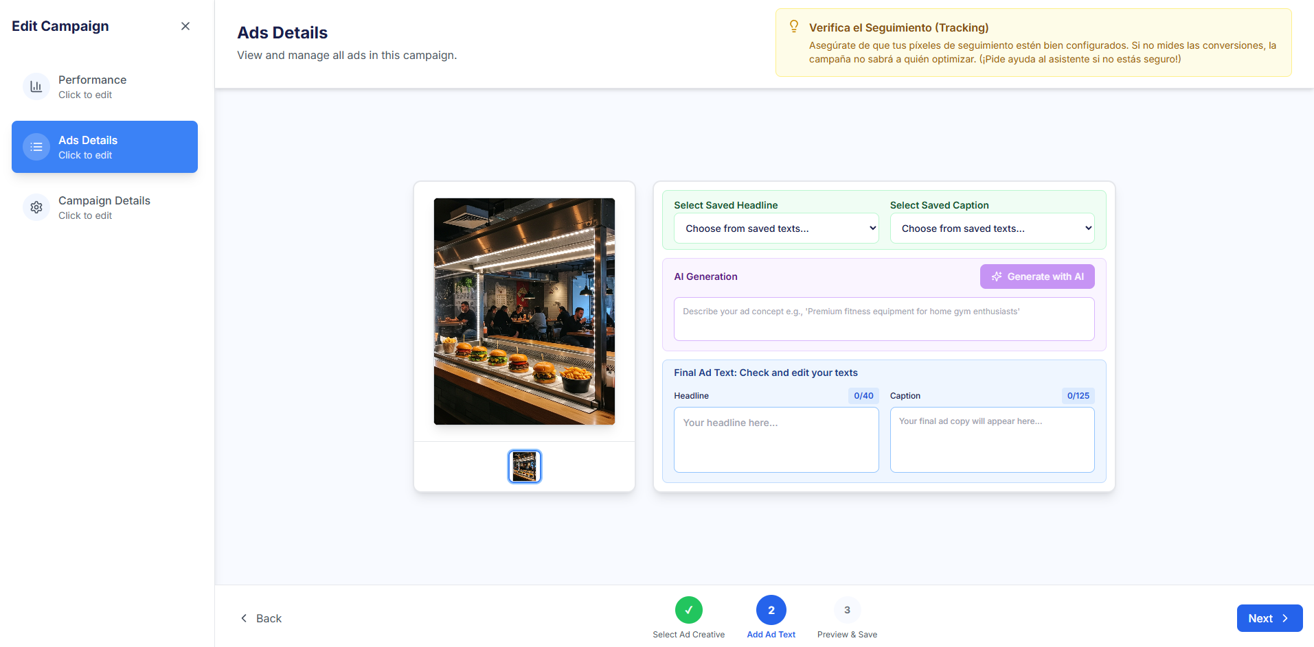 Diagrama de flujo de tres pasos para la creación de anuncios, destacando el uso de la IA en el primer paso.